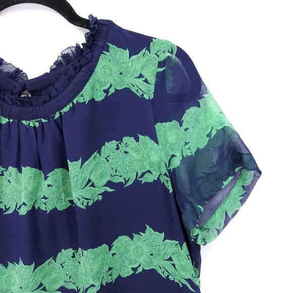 J.Crew Silk Ruffle Blouse Womens Size 12 Top Beanstalk Stripe Navy Green Retro - Picture 12 of 13